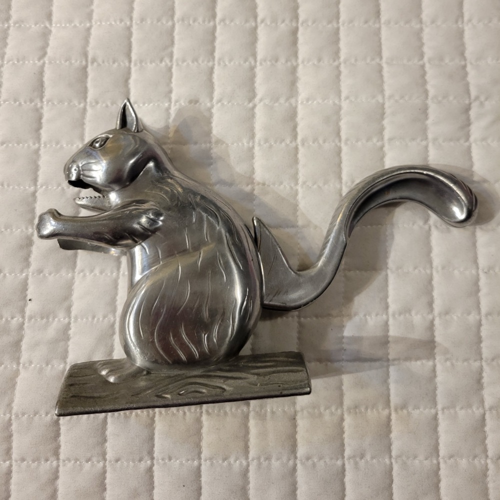 VTG Squirrel on Log Nutcracker Aluminum Metal Collectible Fun Cute Whimsical 90s